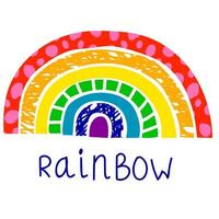 Cute cartoon textured rainbow in flat style. Childlike card with colorful arches isolated on white background. vector