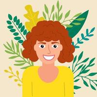 mujer joven feliz de dibujos animados con cabello rizado y elementos florales en estilo plano aislado sobre fondo beige. icono de avatar. retrato. vector