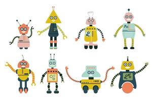 Cute robots for girls and boys isolated on white background. Flat style collection of toys. vector