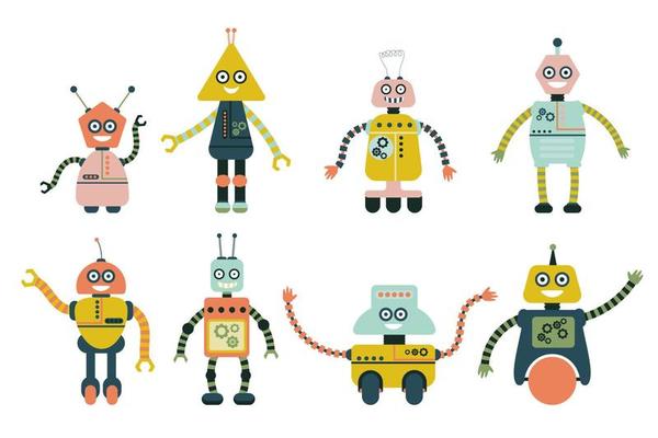 Cute robots for girls and boys isolated on white background. Flat style collection of toys.