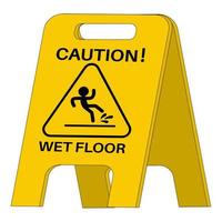 Cartoon caution wet floor sign on the nameplate in flat style isolated on white background. vector