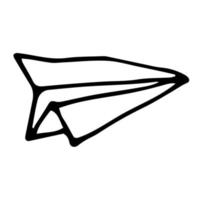 Cartoon doodle linear paper airplane isolated on white background. vector