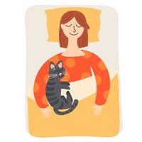 Woman with cat sleeping in flat style isolated on white background. vector