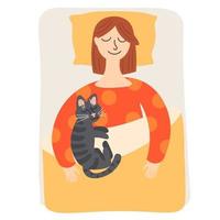 Woman with cat sleeping in flat style isolated on white background. vector