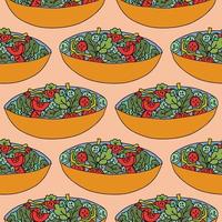 Cartoon doodle salad with tomatoes and cucumbers seamless pattern. Cute food, dinner background.