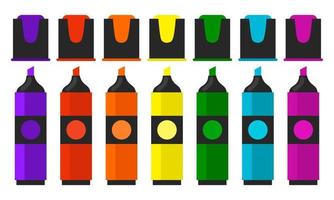 Cute set of bright markers of different colors in flat style isolated on white background. Felt tip marker pens with open caps. vector