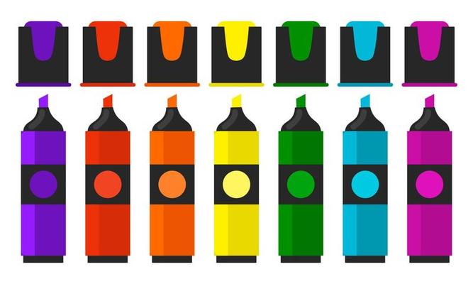 Cute set of bright markers of different colors in flat style isolated on white background. Felt tip marker pens with open caps.