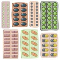 Set of pills blisters. Cartoon illness capsules, tablet, vitamins, antibiotic pill, painkiller drugs, dosage packages. vector