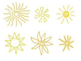 garabatear iconos de sol. colección de soles de clima cálido aislado en blanco. garabatos de verano con luz solar, dibujos de bocetos, objetos de sol dibujados a mano. vector