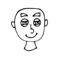 Cartoon doodle linear bald happy face isolated on white background. vector