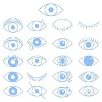 conjunto de iconos de ojos de contorno. ojos abiertos y cerrados de líneas finas, formas de ojos durmientes con pestañas, supervisión y señales de búsqueda. vector