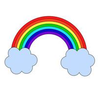 Cartoon linear doodle rainbow and clouds isolated on white background. vector