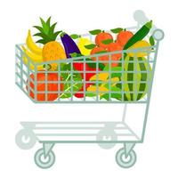 Grocery shopping cart with fruits and vegetables isolated on white. Full supermarket food basket, shop cart with groceries goods isolated.