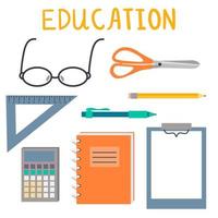 Set of educational objects in a flat style. Glasses, triangle ruler, pen, pencil, calculator, notebook, clip for paper, scissors isolated on white background. vector