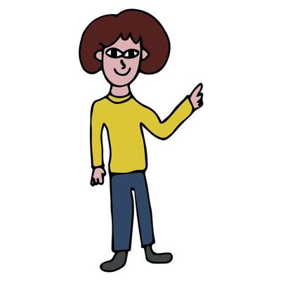 Cartoon doodle linear woman pointing isolated on white background.