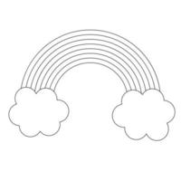 Cartoon linear doodle rainbow and clouds isolated on white background. vector