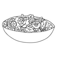 Cartoon doodle salad with tomatoes and cucumbers isolated on white background. vector