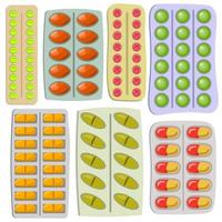 Set of pills blisters. Cartoon illness capsules, tablet, vitamins, antibiotic pill, painkiller drugs, dosage packages. vector