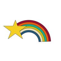 Cartoon linear doodle retro star with rainbow tail isolated on white background. vector