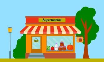 Cartoon supermarket facade of the building. Street view in flat style.  Front shop. vector