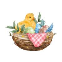 pollo y huevos de pascua con nido de pájaro, hojas, plumas y tela a cuadros rosa. feliz día de pascua elementos lindos. ilustración vectorial vector
