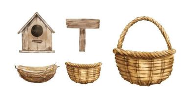 conjunto de canasta de acuarela, nido de pájaro, pequeña casa de madera y letrero. Ilustración de vector de elementos decorativos vintage