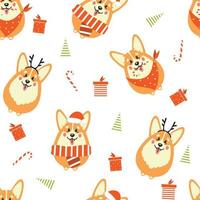 lindo perro corgi con regalos y árboles de navidad vector