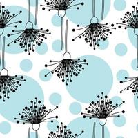 Seamless pattern of doodle dandelions and blue circles, fantasy flowers on a white background vector