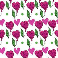 Stylized flowers with hearts in horizontal rows seamless pattern, fantasy elements in pink and green on a white background vector