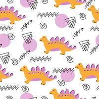 Cute pattern with stegosaurs and linear doodles, cartoon dinosaurs in purple on a white background vector