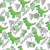 Cute pattern with dinosaurs and linear doodles, cartoon animals in green on a white background vector