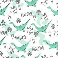 Cute pattern with diplodocus and linear doodles, cartoon dinosaurs in green on a white background vector