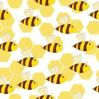 Honey bees and honeycomb seamless pattern, flying striped insects on a white background vector