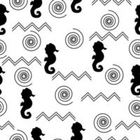 Silhouette of a seahorse, waves and curls seamless pattern, marine theme from simple details on a white background vector