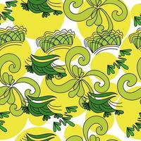 Abstract pattern from outline motifs with curls and floral fantasies of green and yellow color on a white background vector