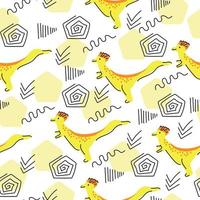 Cute pattern with dinosaurs and linear doodles, cartoon animals in yellow on a white background vector
