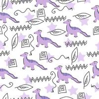 Cute pattern with dinosaurs and linear doodles, cartoon animals in purple on a white background vector