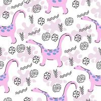 Cute pattern with dinosaurs and linear doodles, pink cartoon animals on white background vector