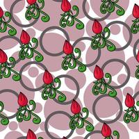 Red rose buds with doodle leaves seamless pattern, flowers and various gray circles on a white background vector