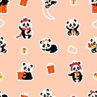 Seamless pattern with panda characters. Cute panda in winter hat with gifts, on moon and with bouquet of tulips on pink background with gift boxes. Vector illustration. kids collection for design