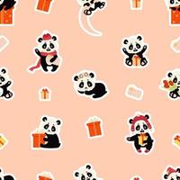 patrón sin costuras con personajes de panda. lindo panda en sombrero de invierno con regalos, en la luna y con ramo de tulipanes sobre fondo rosa con cajas de regalo. ilustración vectorial colección infantil para el diseño vector