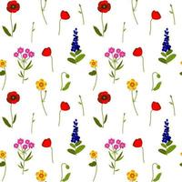 Meadow wildflowers colorful seamless pattern. Summer design with poppy, lavender, buttercup for textile, fabric, wrapping paper, prints. Vector illustration