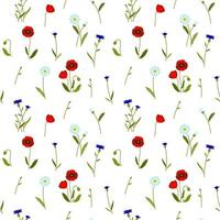 Meadow wildflowers colorful seamless pattern. Summer design with poppy, chamomile, cornflower for textile, fabric, wrapping paper, prints. Vector illustration