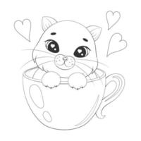 Cute cat in cup . Fun character. Cartoon style. Coloring book. Vector illustration. Isolated on white. Monochrome image