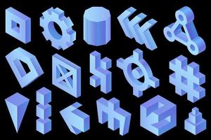 Abstract vector shapes, 3D rendering. Abstract isometric, 3d shapes in blue color isolated on black background. Glossy blue icons, three dimensional forms and figures, isometric symbols.