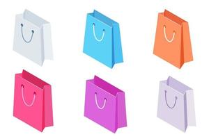 bolsas de compras isométricas, 3d, bolsas de papel coloridas con mango aislado sobre fondo blanco. diseño de vector de icono de bolsa isométrica.