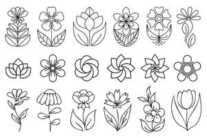 Outline floral icons. Set of outline flower icons with black thin line isolated on white background. Line art flowers illustration, simple geometric symbols, abstract petal signs. vector