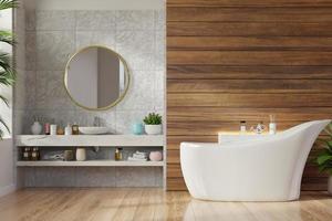 Modern Bathroom interior design on wooden wall. photo