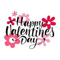 Happy Valentines Day handdrawn lettering. Positive celebratory handwritten vector quote with simple flower.