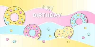 Happy Birthday card. Donats on the bright horizontal background. Vector illustration